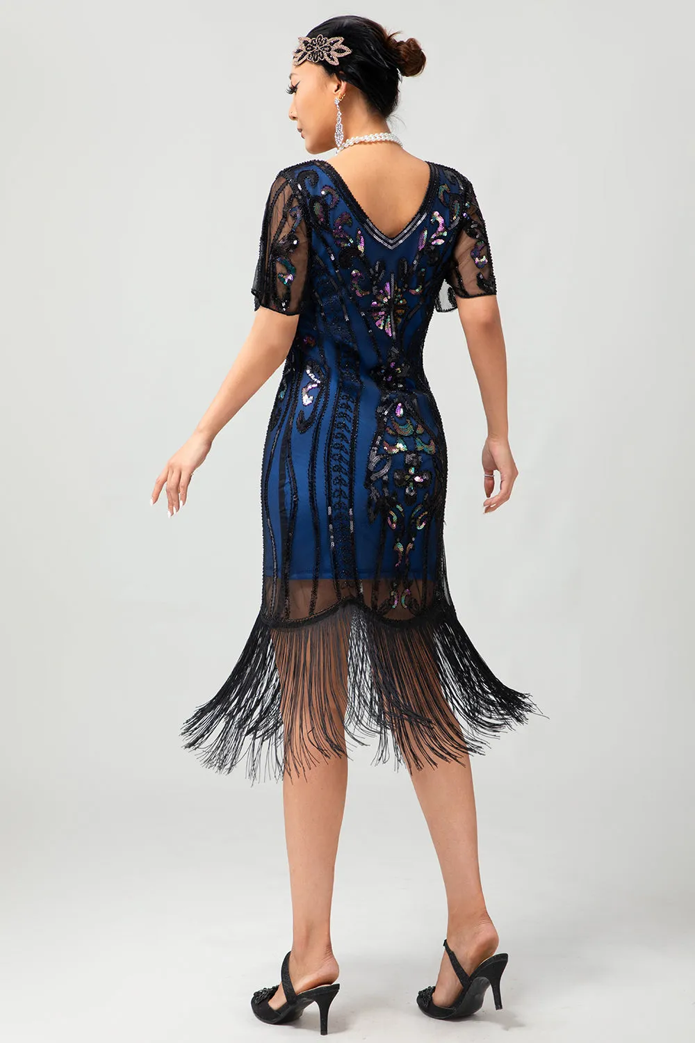 Black Blue Sequin Fringe Scoop Neck 1920s Dress with 5-Piece Accessories Set sold by Zapaka product image thumbnail 3