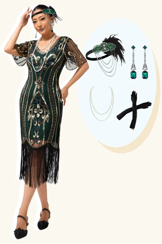 Dark Green Sequin Fringe 1920s Dress with 4-Piece Accessories Set sold by Zapaka