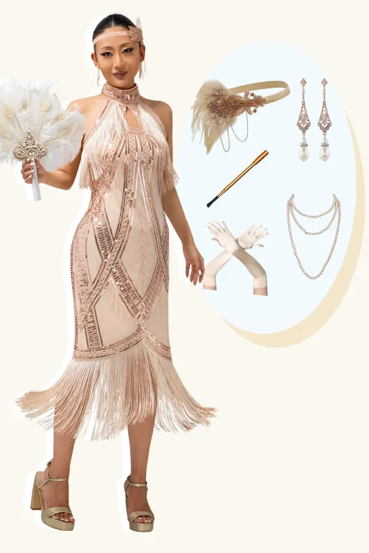 Champagne Sequin Halter Fringe 1920s Dress with 5-Piece Accessories Set made by Zapaka