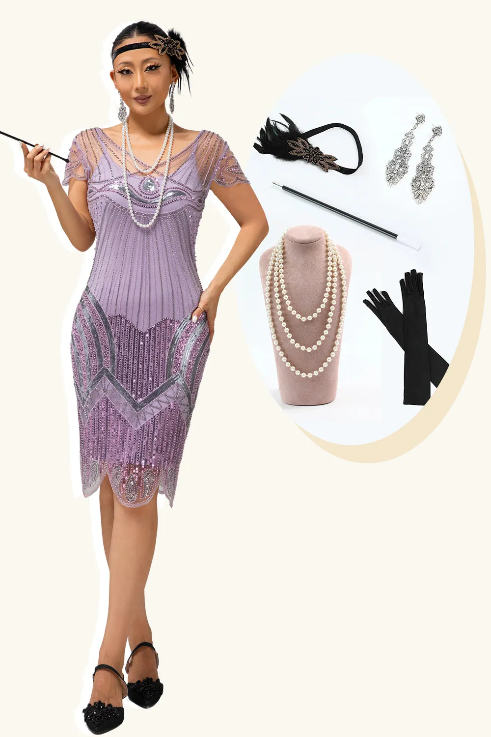 Purple Sequin Fringe 1920s Dress with 5-Piece Accessories Set sold by Zapaka