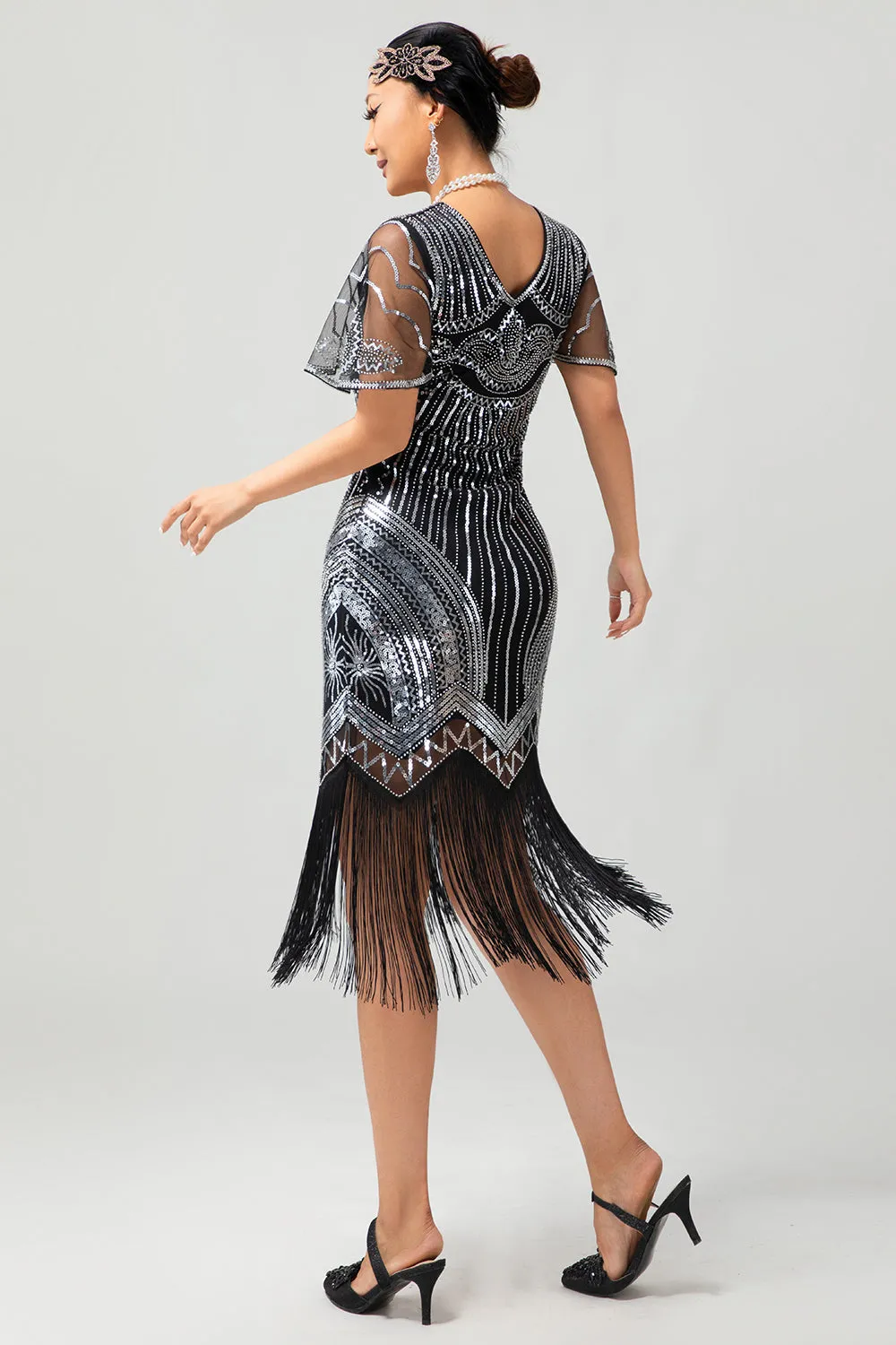 Black Silver Sequin V Neck Fringe 1920s Dress with 5-Piece Accessories Set sold by Zapaka product image thumbnail 3