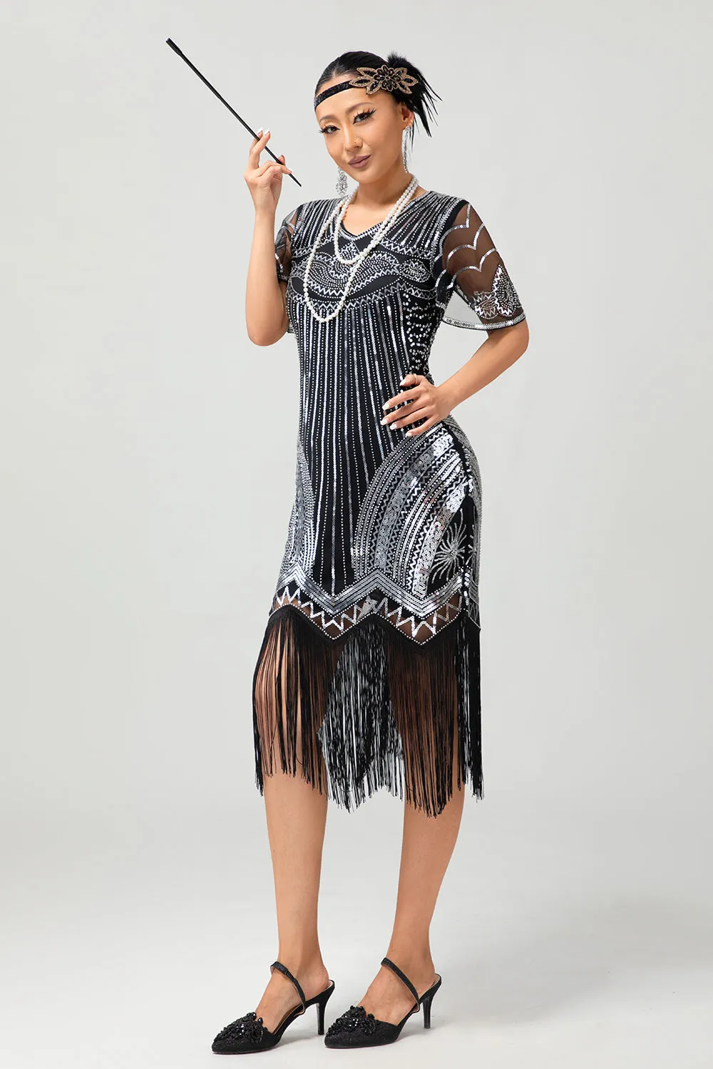 Black Silver Sequin V Neck Fringe 1920s Dress with 5-Piece Accessories Set sold by Zapaka product image thumbnail 4