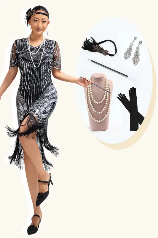 Black Silver Sequin V Neck Fringe 1920s Dress with 5-Piece Accessories Set sold by Zapaka