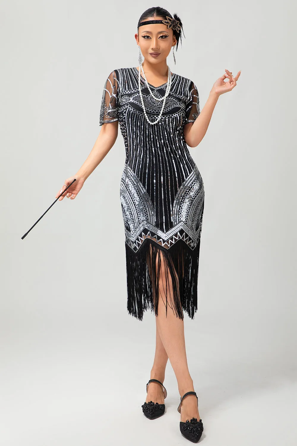 Black Silver Sequin V Neck Fringe 1920s Dress with 5-Piece Accessories Set sold by Zapaka product image thumbnail 2