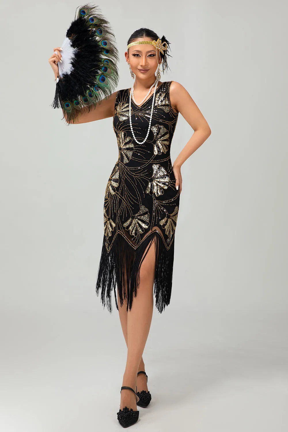 Black Fringed Sequin Flapper 1920s Dress with 5 Piece Accessory Set sold by Zapaka product image thumbnail 3