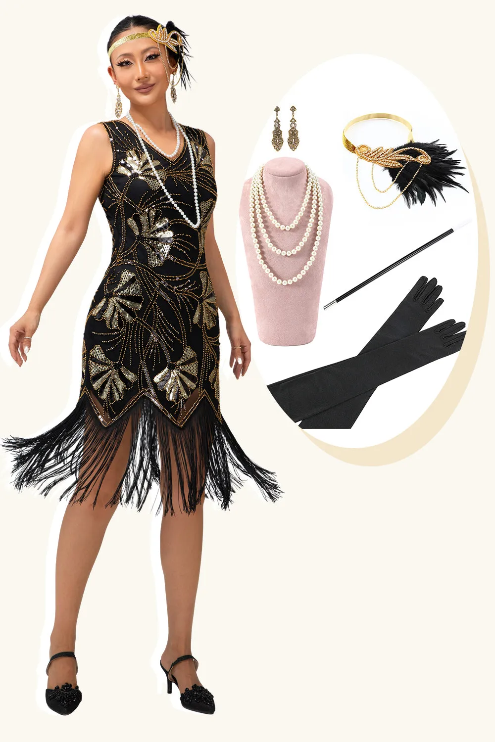 Black Fringed Sequin Flapper 1920s Dress with 5 Piece Accessory Set sold by Zapaka