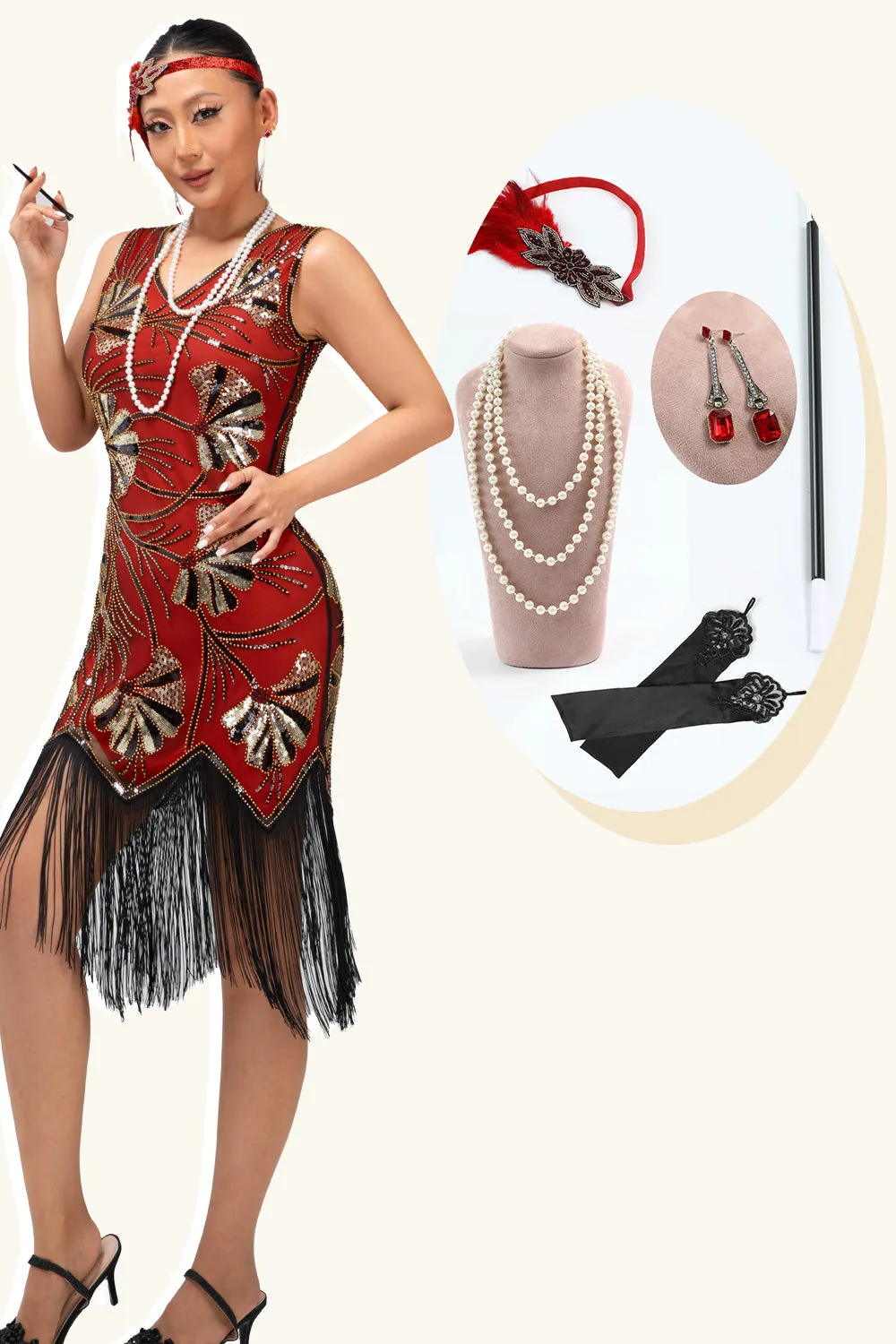 Fringed Red Golden Sequin 1920s Dress with 5 Piece Accessory Set sold by Zapaka