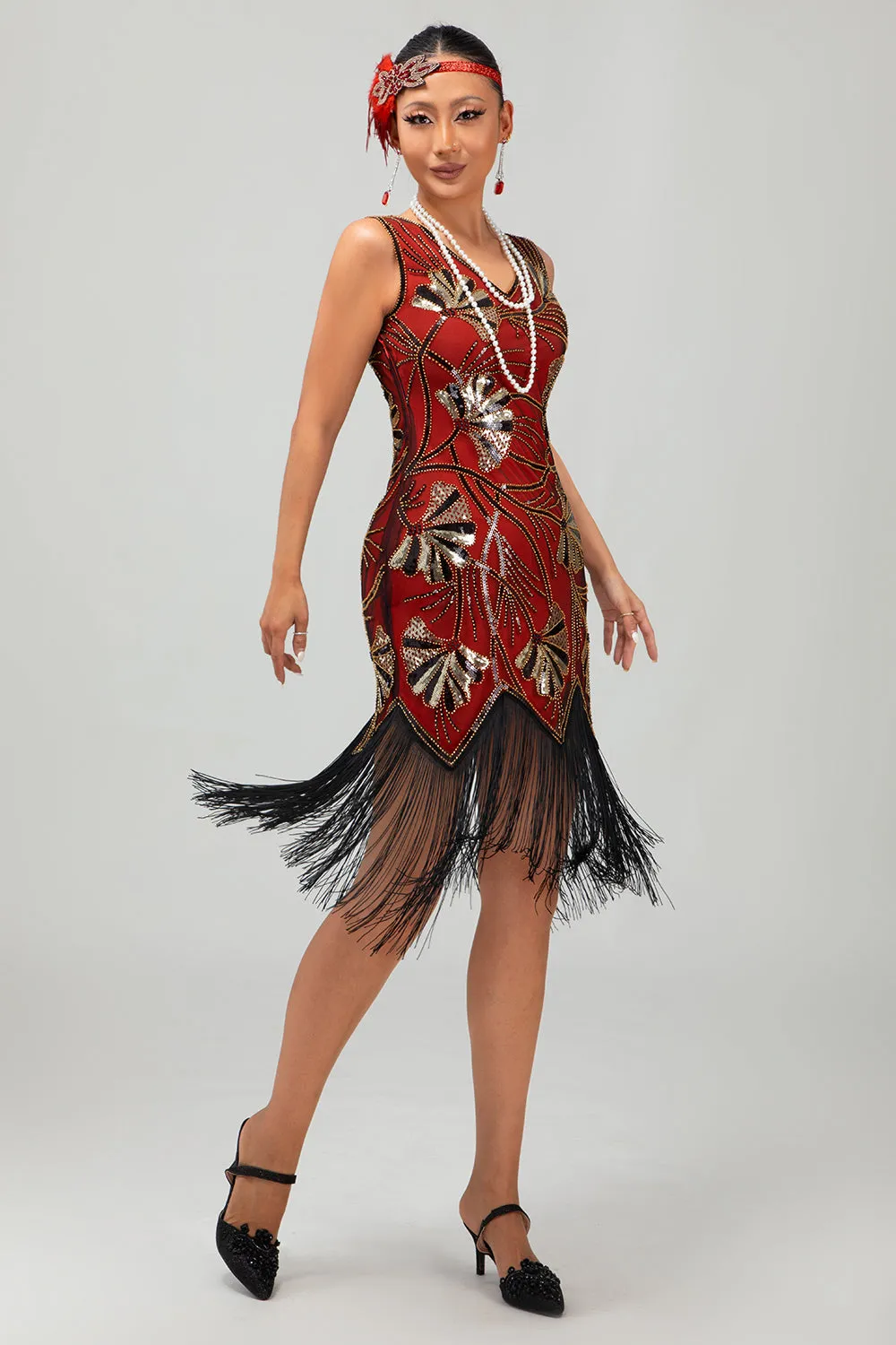 Fringed Red Golden Sequin 1920s Dress with 5 Piece Accessory Set sold by Zapaka product image thumbnail 5