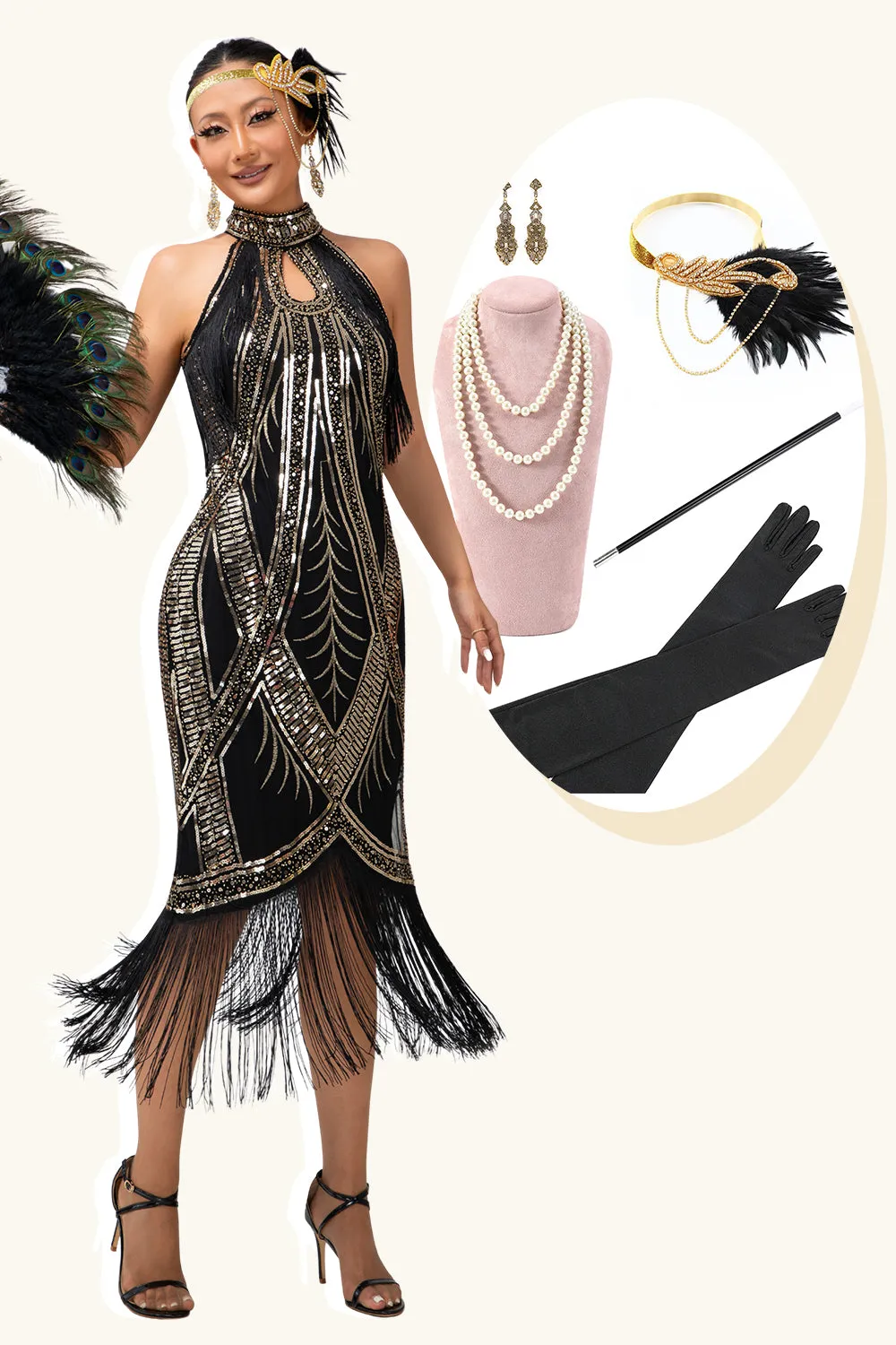 Black Golden Halter Keyhole Fringed Gatsby 1920s Dress with 5 Piece Accessory Set sold by Zapaka
