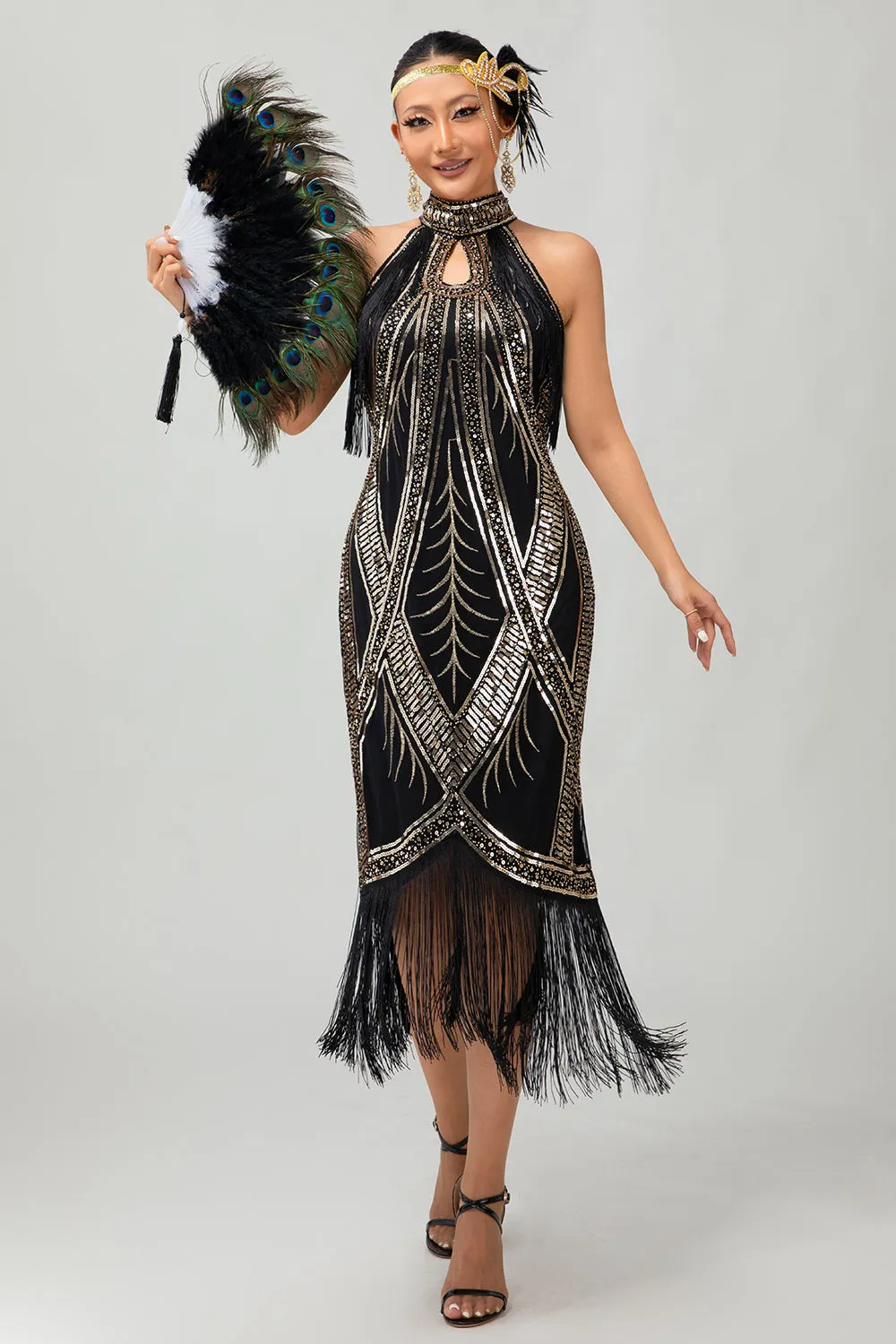 Black Golden Halter Keyhole Fringed Gatsby 1920s Dress with 5 Piece Accessory Set sold by Zapaka product image thumbnail 5