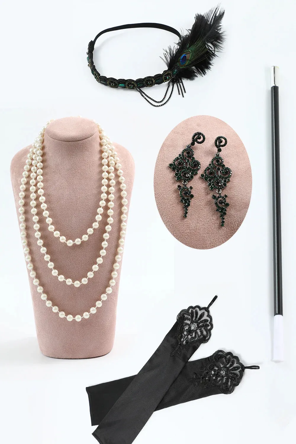 Sequin Black Silver Beaded Short 1920s Dress with 5 Piece Accessory Set sold by Zapaka product image thumbnail 3