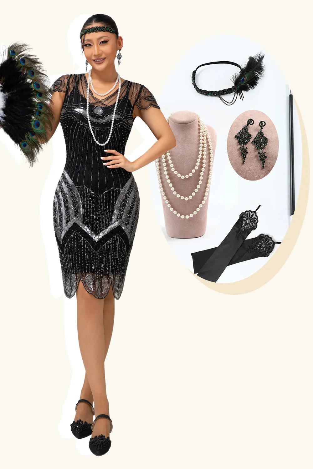 Sequin Black Silver Beaded Short 1920s Dress with 5 Piece Accessory Set sold by Zapaka