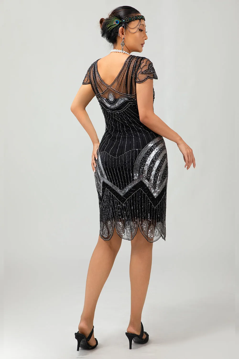 Sequin Black Silver Beaded Short 1920s Dress with 5 Piece Accessory Set sold by Zapaka product image thumbnail 2
