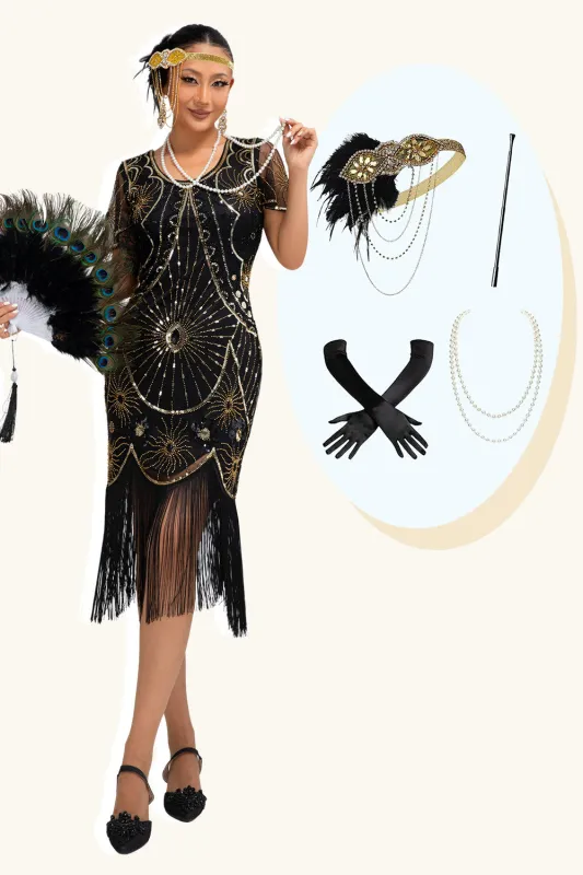 Black Golden Scoop Neck Fringed Sequin 1920s Dress with 4 Piece Accessory Set sold by Zapaka