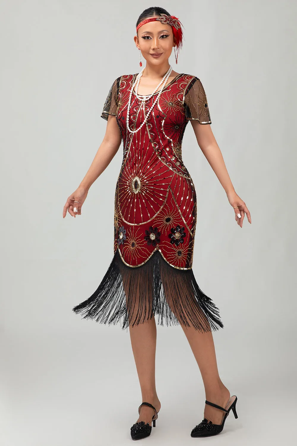 Sequin Fringed Scoop Neck Black Red 1920s Dress with 5 Piece Accessory Set sold by Zapaka product image thumbnail 5