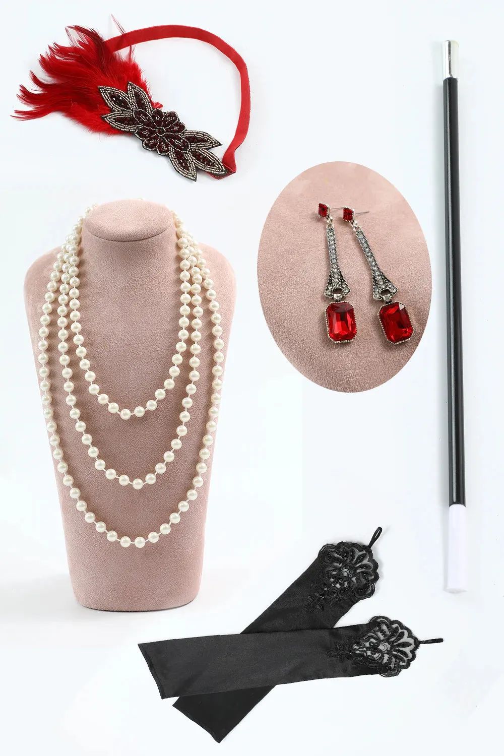 Sequin Fringed Scoop Neck Black Red 1920s Dress with 5 Piece Accessory Set sold by Zapaka product image thumbnail 3