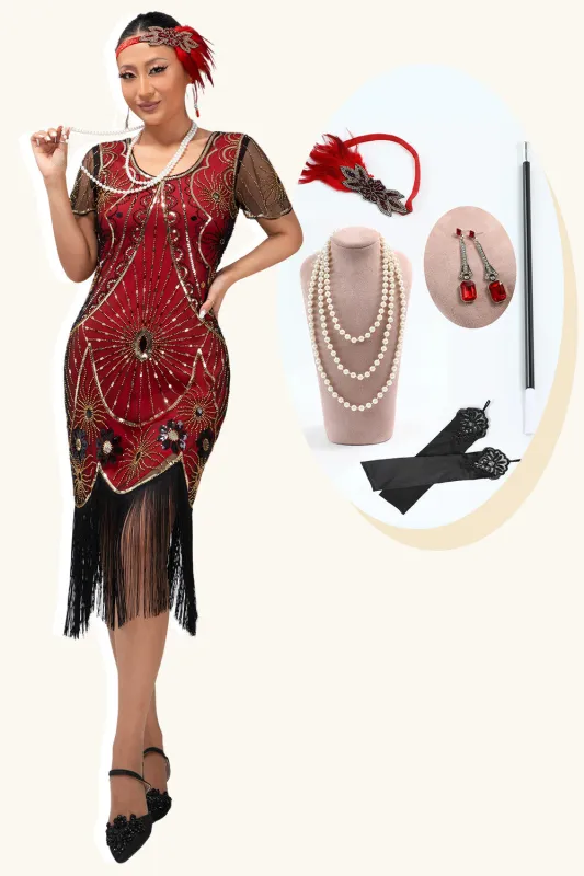 Sequin Fringed Scoop Neck Black Red 1920s Dress with 5 Piece Accessory Set sold by Zapaka