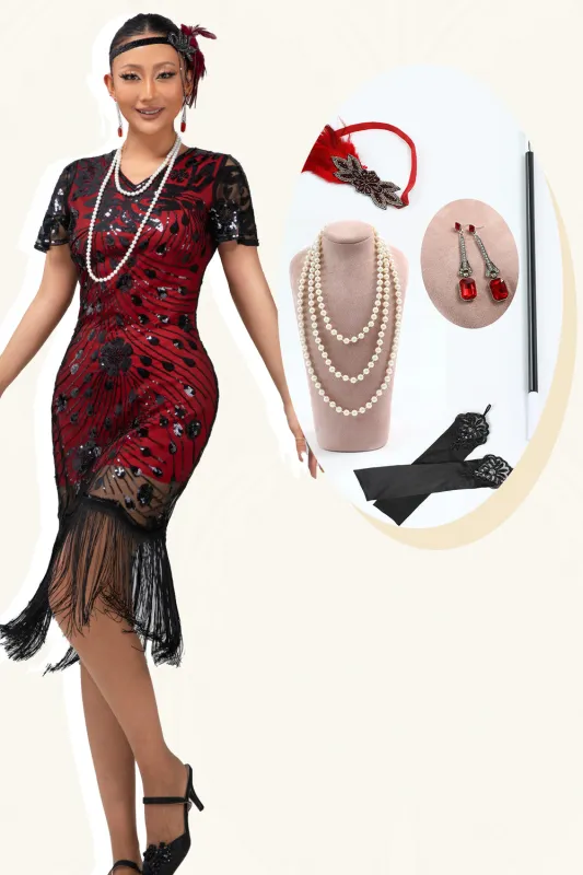 Black Red Bodycon Fringed Sequin 1920s Dress With 5-Piece Accessories Set sold by Zapaka