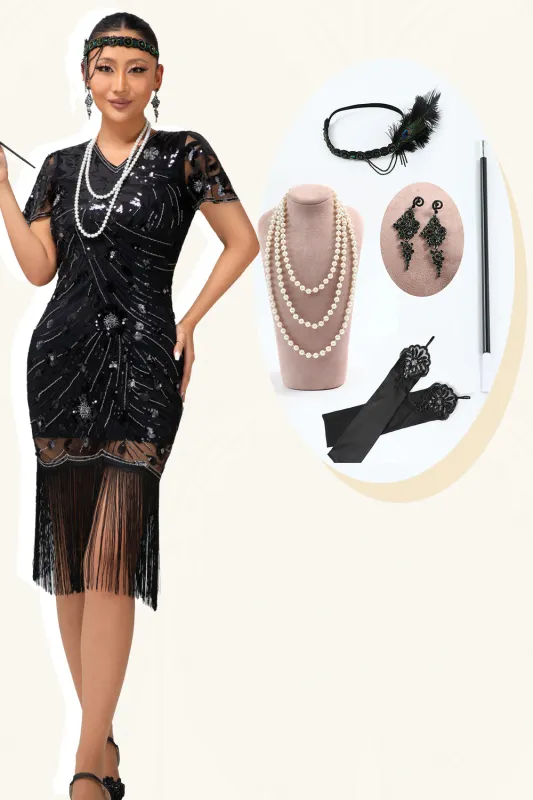 Black Bodycon Sequin Fringed 1920s Dress With 5-Piece Accessories Set sold by Zapaka