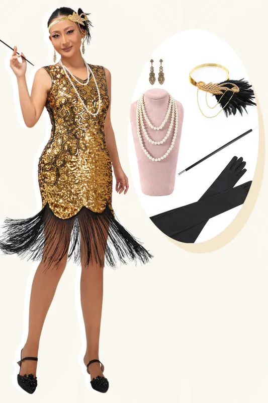 Sparkly Black Golden Bodycon Fringed1920s Dress With 5-Piece Accessories Set sold by Zapaka