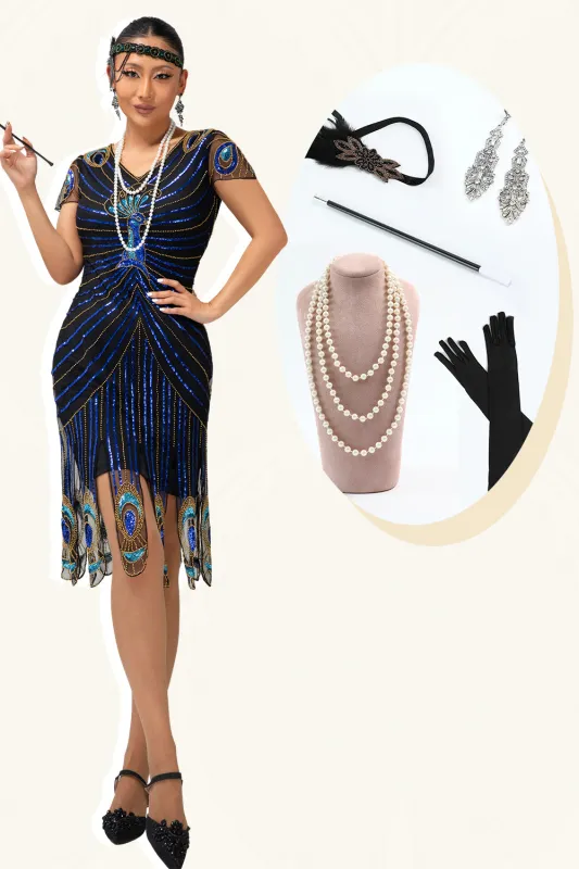 Sparkly Black Blue Bodycon V-Neck 1920s Dress With Beading sold by Zapaka