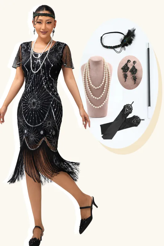 Black Silver Fringed Sequins 1920s Dress with 20s Accessories Set sold by Zapaka