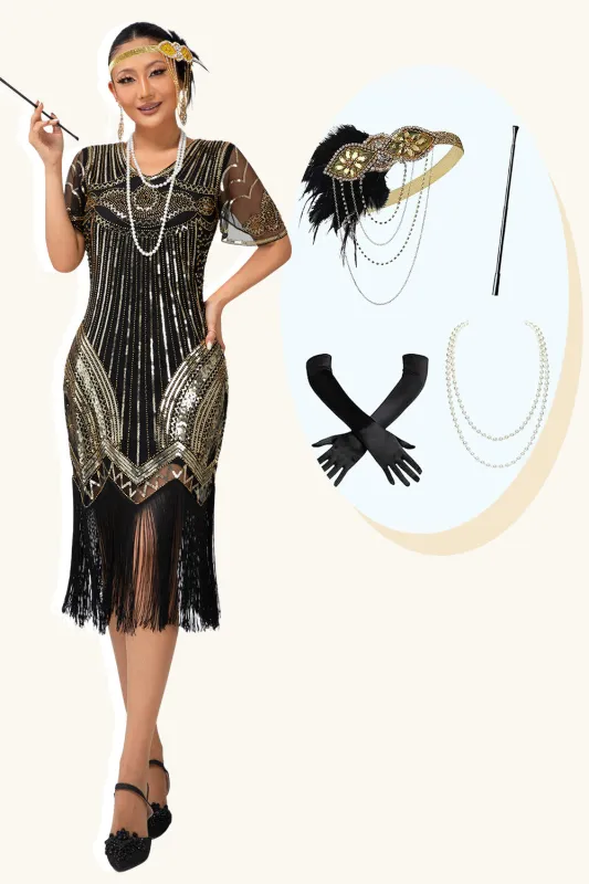 Black Golden Sequins Fringed 1920s Dress with Accessories Set sold by Zapaka