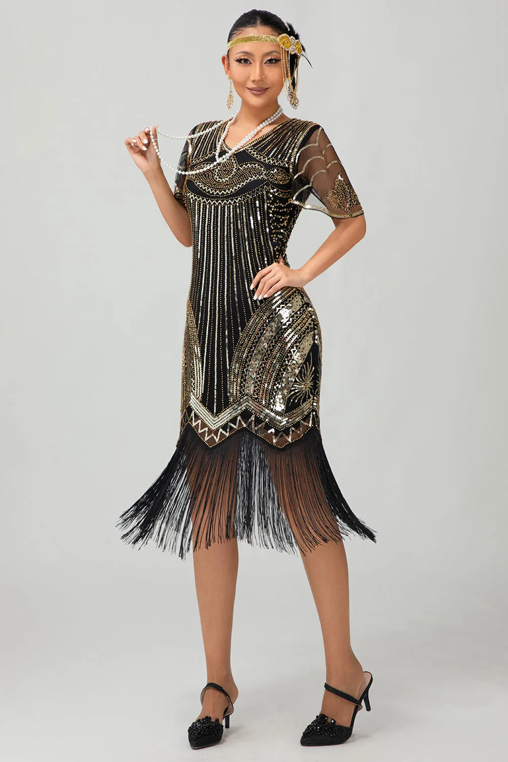 Black Golden Sequins Fringed 1920s Dress with Accessories Set sold by Zapaka product image thumbnail 5