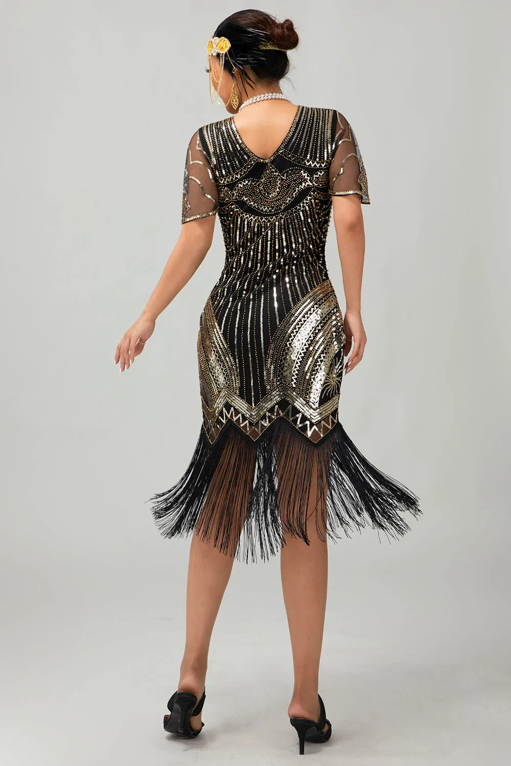 Black Golden Sequins Fringed 1920s Dress with Accessories Set sold by Zapaka product image thumbnail 2