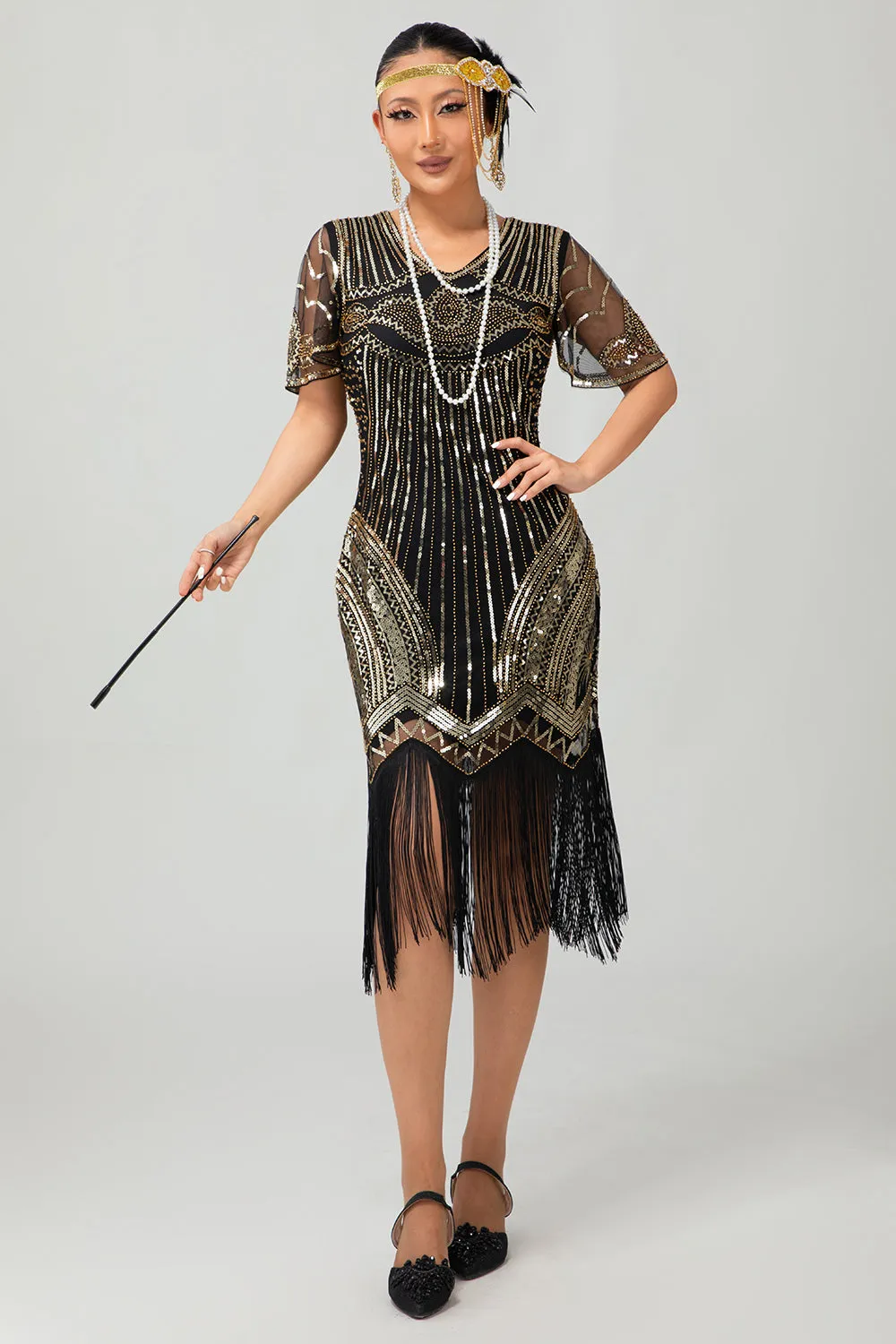 Black Golden Sequins Fringed 1920s Dress with Accessories Set sold by Zapaka product image thumbnail 3
