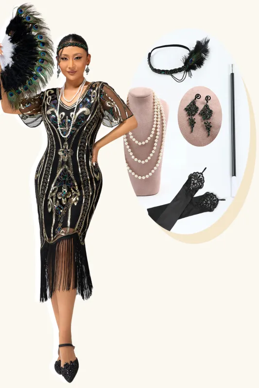 Sparkly V-Neck Black Golden Fringed Bodycon 1920s Dress With 5-Piece Accessories Set sold by Zapaka