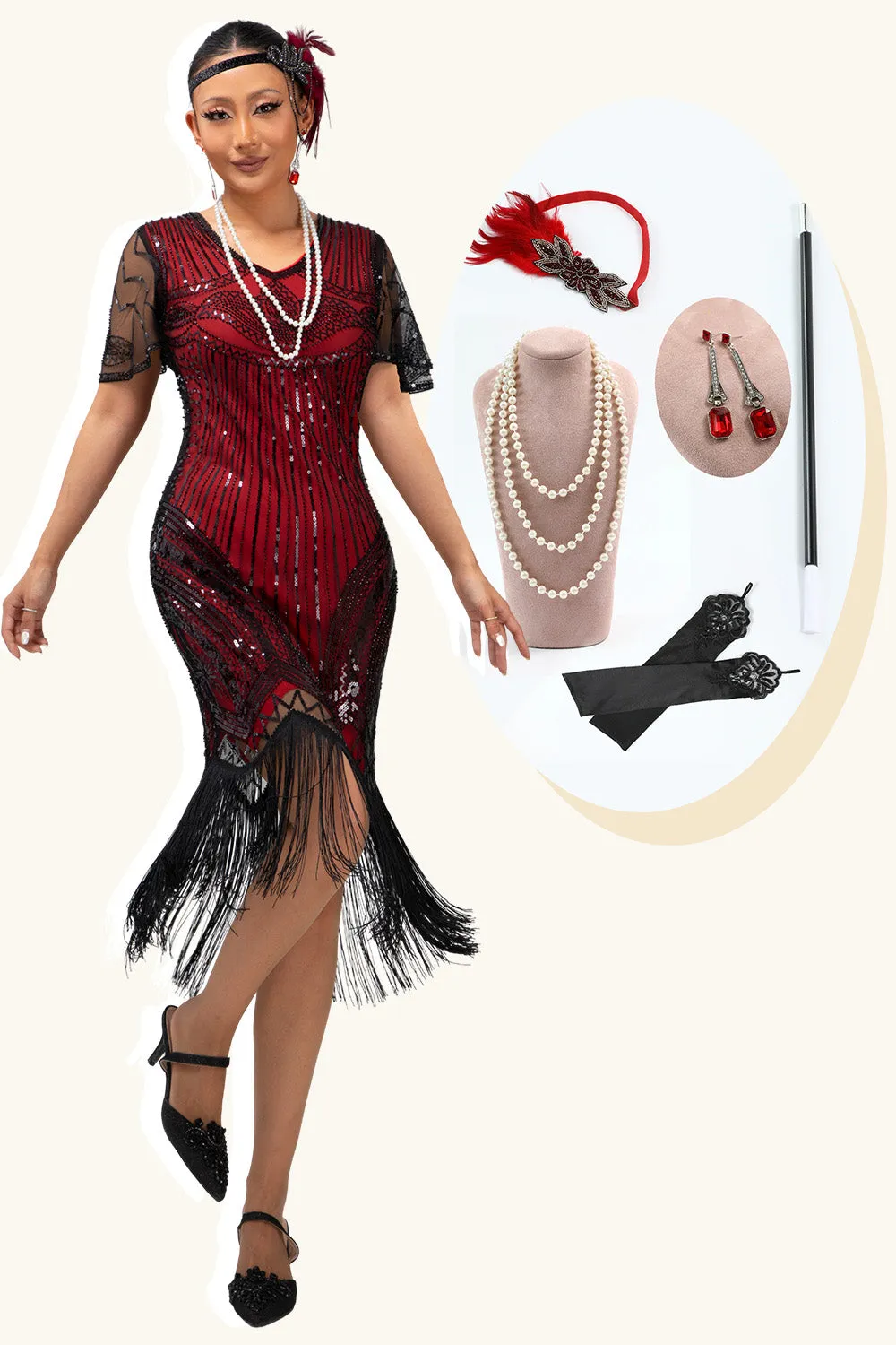 Black Red Fringed Sequins 1920s Dress with Accessories Set sold by Zapaka