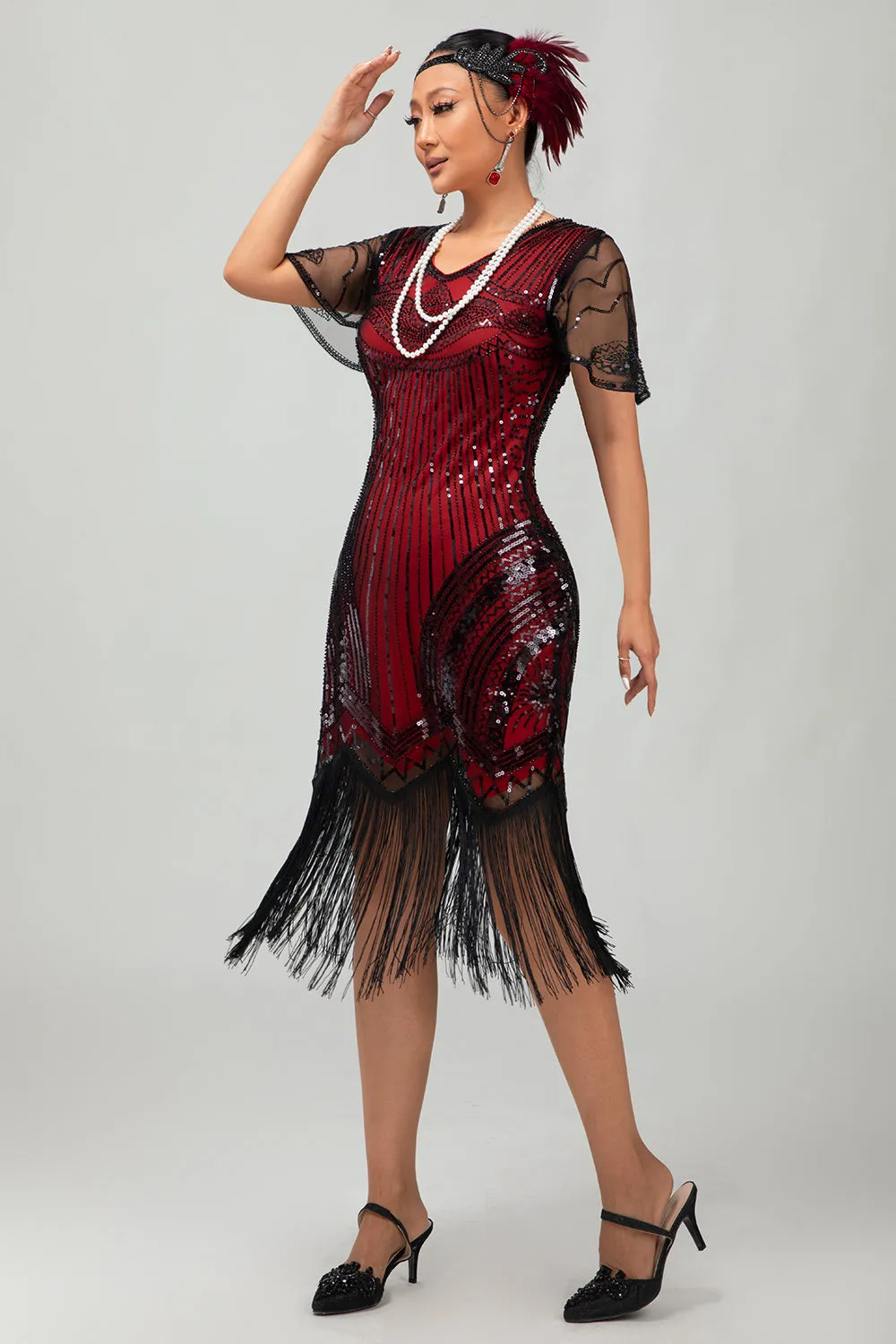 Black Red Fringed Sequins 1920s Dress with Accessories Set sold by Zapaka product image thumbnail 3