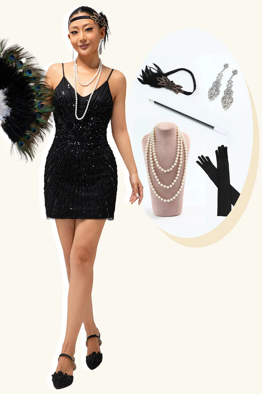 Black Spaghetti Straps Sequins 1920s Dress with Accessories Set sold by Zapaka