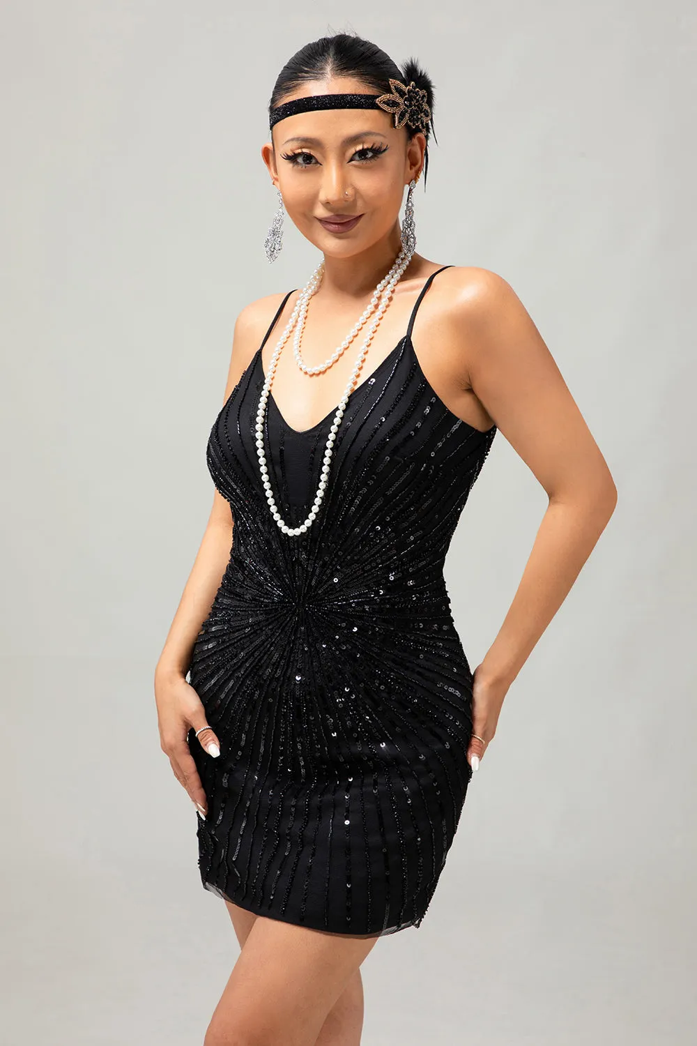 Black Spaghetti Straps Sequins 1920s Dress with Accessories Set sold by Zapaka product image thumbnail 5