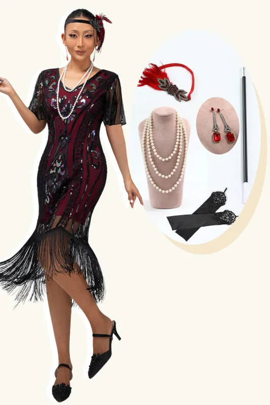 Burgundy Tight Fringed 1920s Dress With Sequins sold by Zapaka