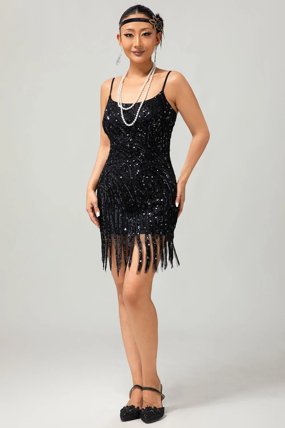 Black Spaghetti Straps Fringed Sequins 1920s Dress with Accessories Set sold by Zapaka product image thumbnail 3