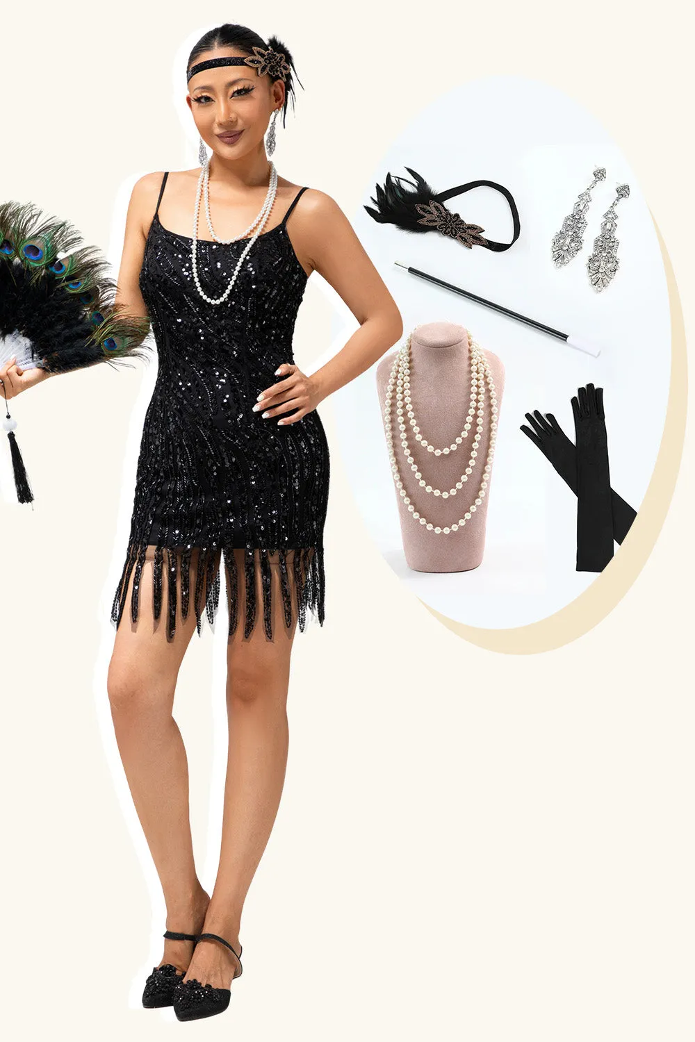 Black Spaghetti Straps Fringed Sequins 1920s Dress with Accessories Set sold by Zapaka