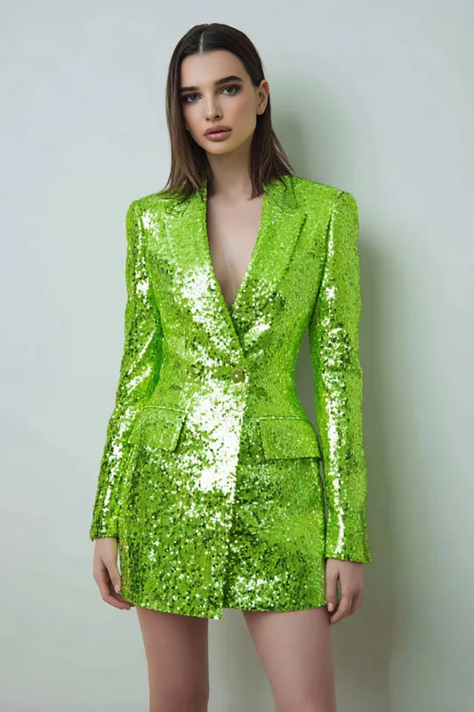 Sparkly Fluorescent Green Peak Lapel Bodycon Women Blazer sold by Zapaka