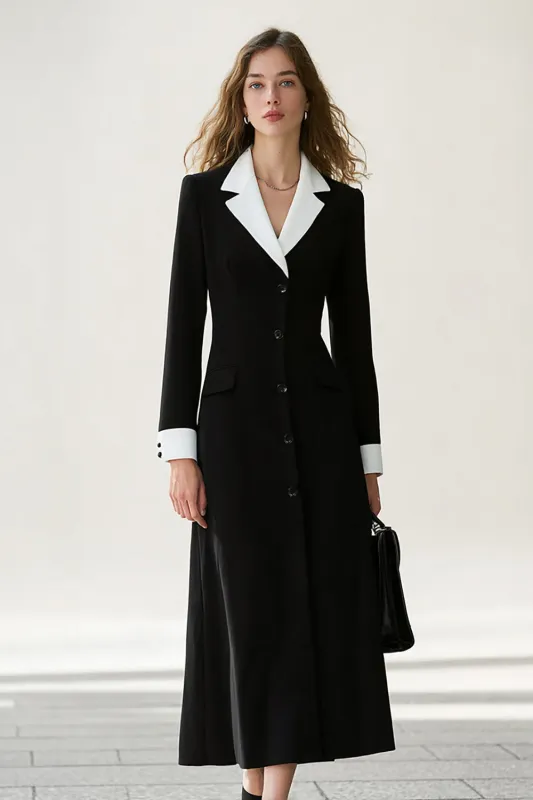 Black and White A Line Notched Lapel Long Blazer Dress With Sleeves sold by Zapaka