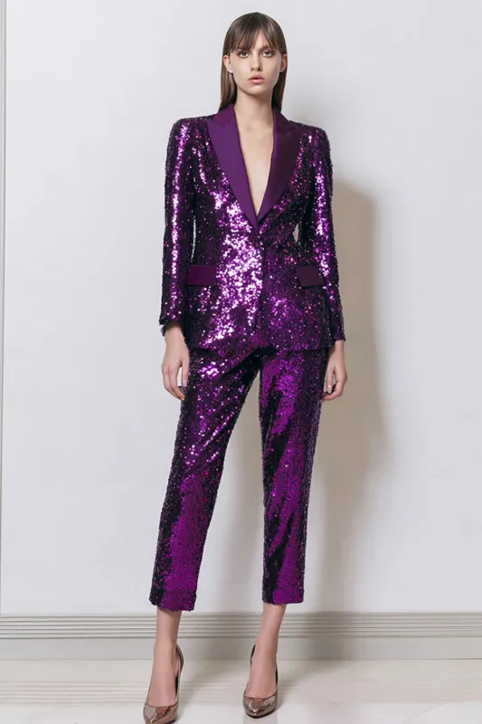 Sparkly Sequins Dark Purple 2 Piece Women Prom Suits With Pockets sold by Zapaka