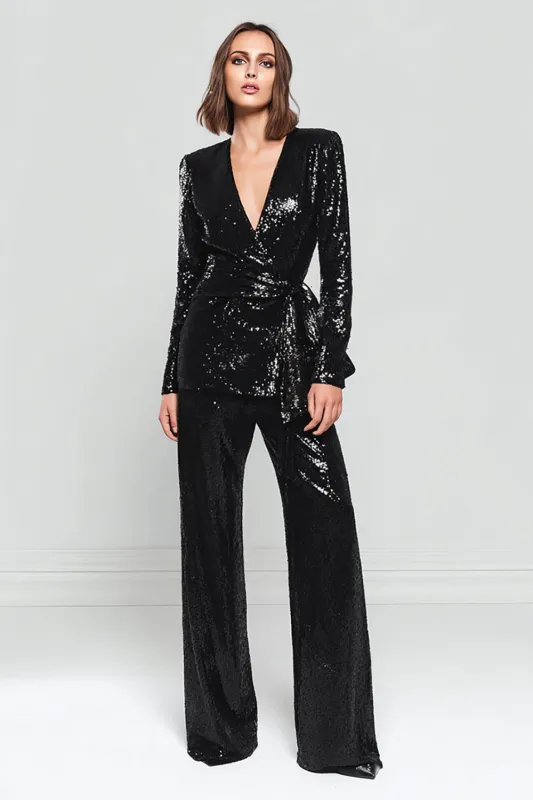 Sparkly 2 Piece Black Women Prom Suits With Sash sold by Zapaka