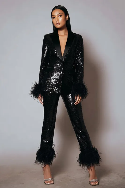 Sparkly 2 Piece Black Women Prom Suits With Feathers sold by Zapaka