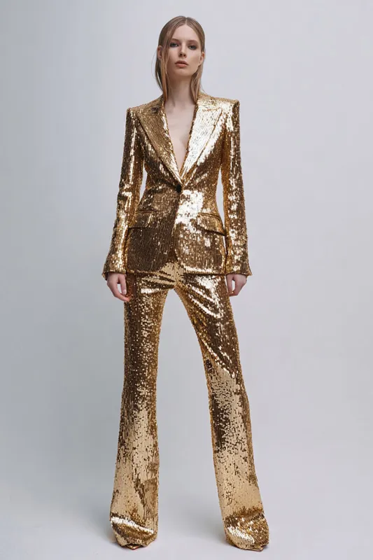 2 Piece Sparkly Gold Peak Lapel Women Prom Suits With Sleeves sold by Zapaka