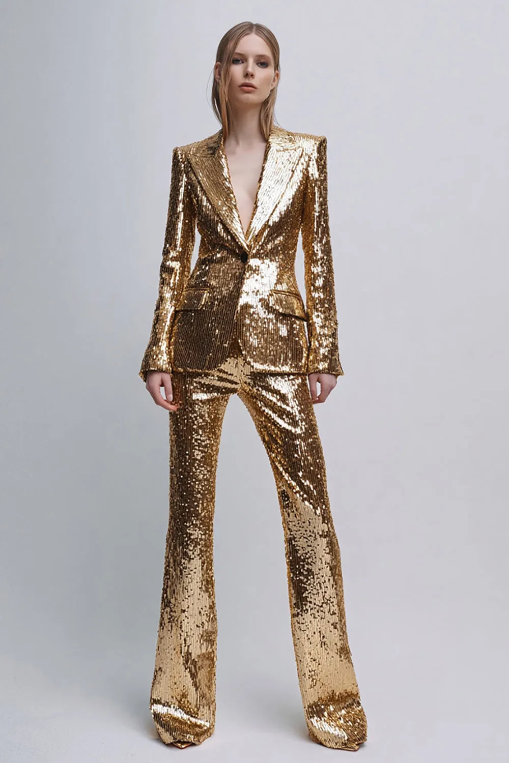 2 Piece Sparkly Gold Peak Lapel Women Prom Suits With Sleeves sold by Zapaka