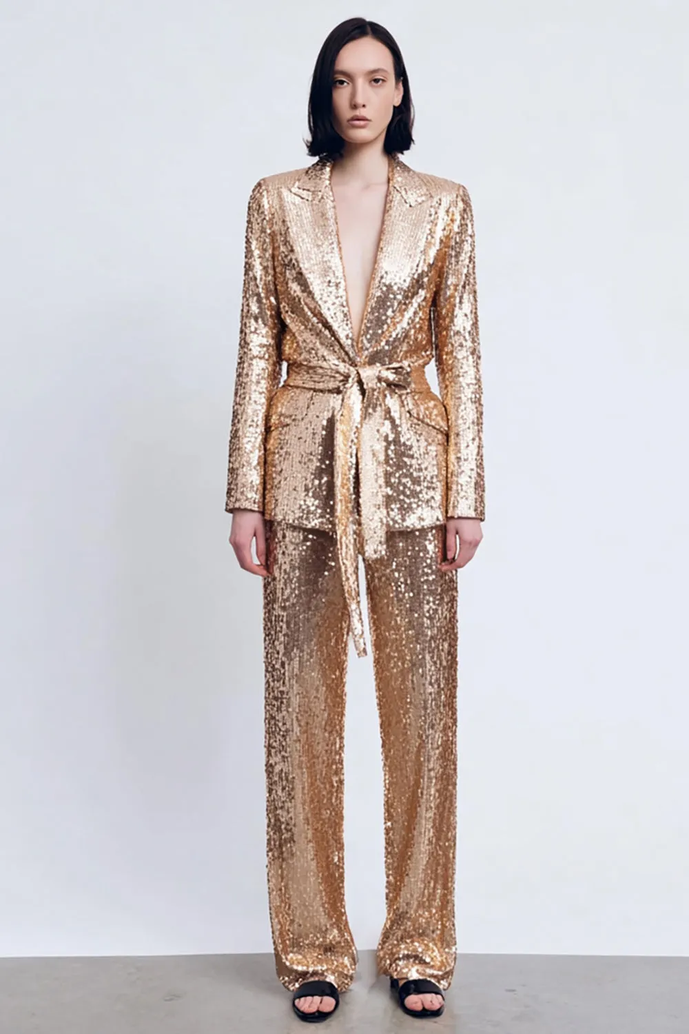 Sparkly Gold Peak Lapel 2 Piece Sequins Women Prom Suits With Sash sold by Zapaka