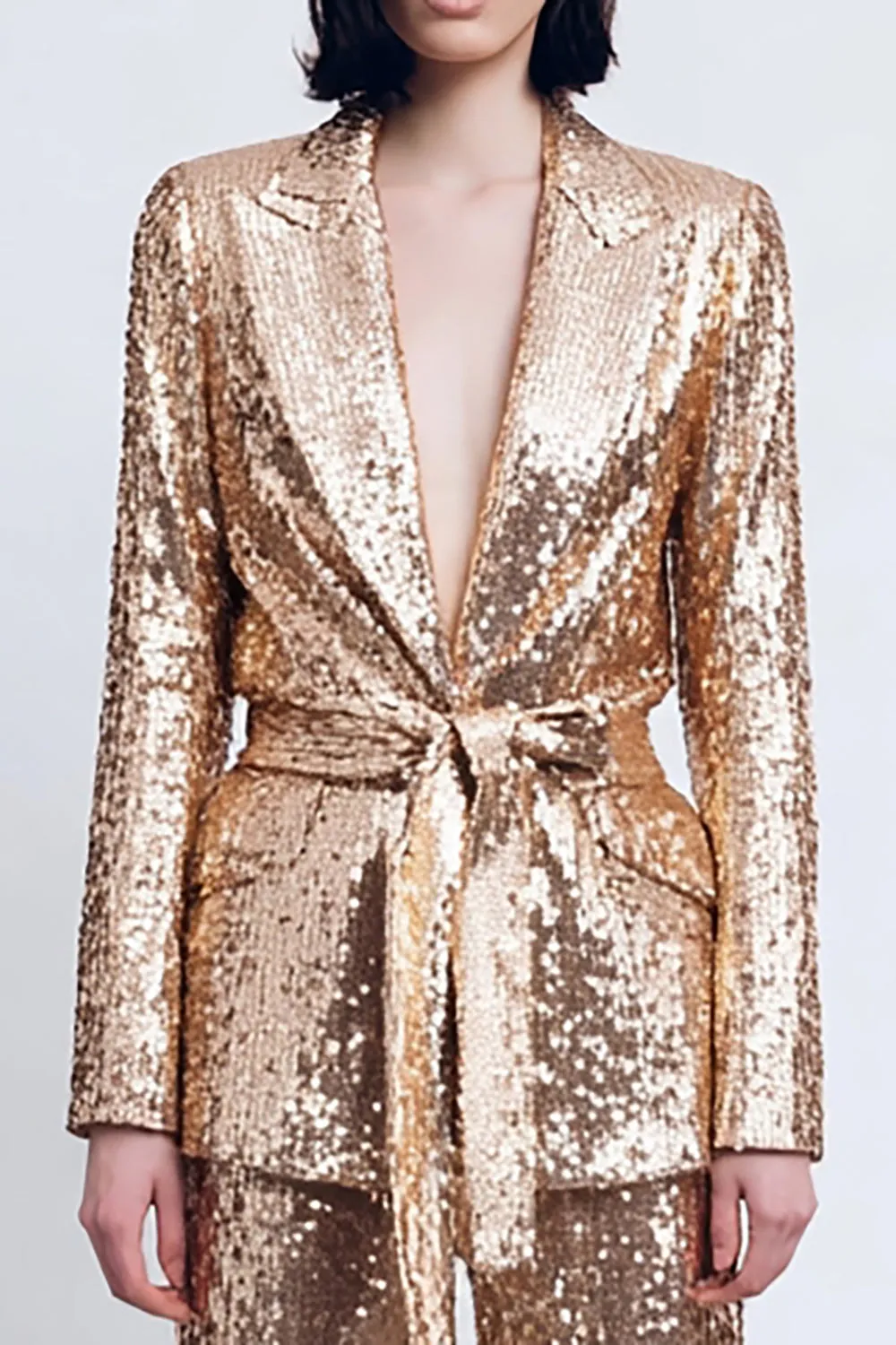 Sparkly Gold Peak Lapel 2 Piece Sequins Women Prom Suits With Sash sold by Zapaka product image thumbnail 2
