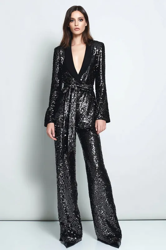 Sparkly Black Sequins 2 Piece Shawl Lapel Women Prom Suits sold by Zapaka