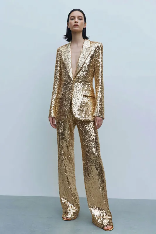 2 Piece Sparkly Gold Sequins Women Prom Suits With Pockets sold by Zapaka