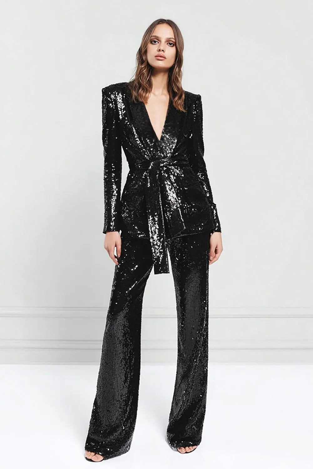 Sparkly Black 2 Piece Women Prom Suits With Sash sold by Zapaka